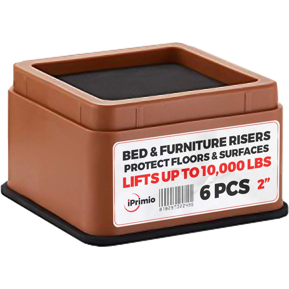 iprimio bed risers - square, 2 inch lift, heavy duty, 6 pack, up to 10000lbs - bed raising blocks, furniture risers - safe, sturdy bed lifts for college dorm rooms, couches, tables, desk riser