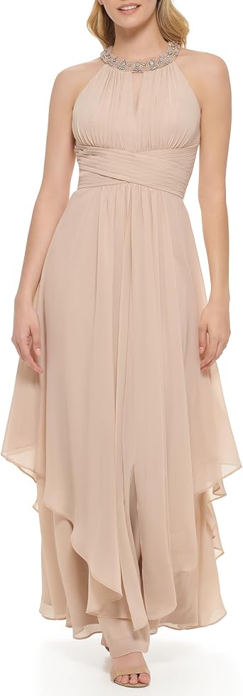 Eliza J Womens Sleeveles Halter Neck Keyhole Fit & Flare Chiffon Gown