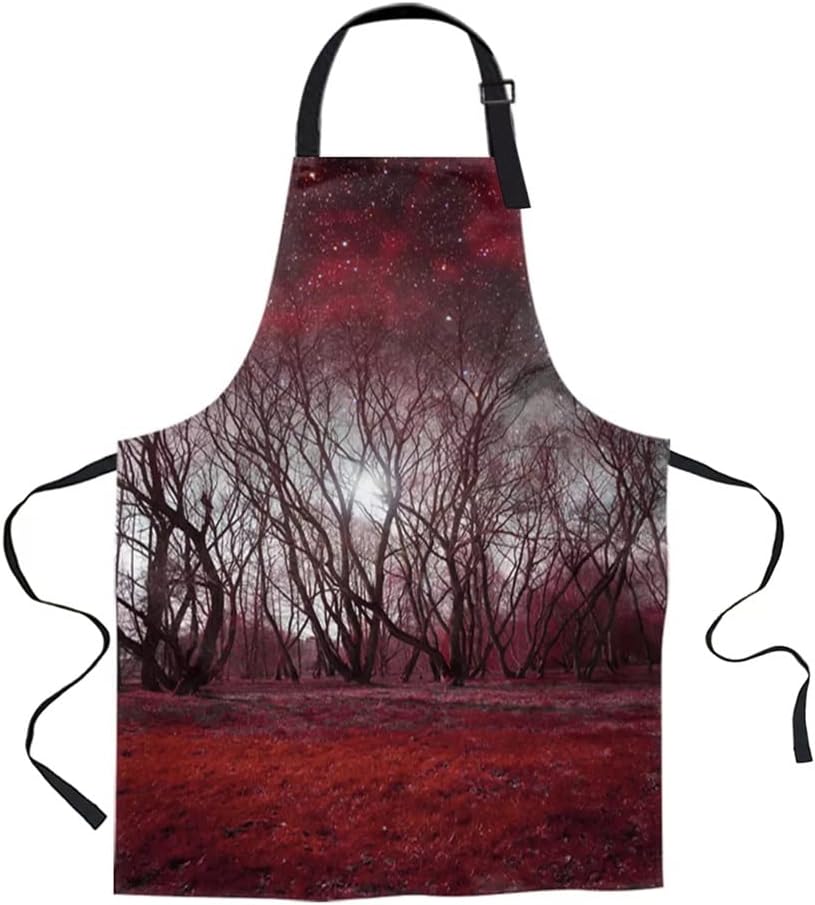 Red Trees Starry Sky Forest Printed Kitchen Cooking Baking Aprons Canvas Sleeveless for Women Man Kids Home