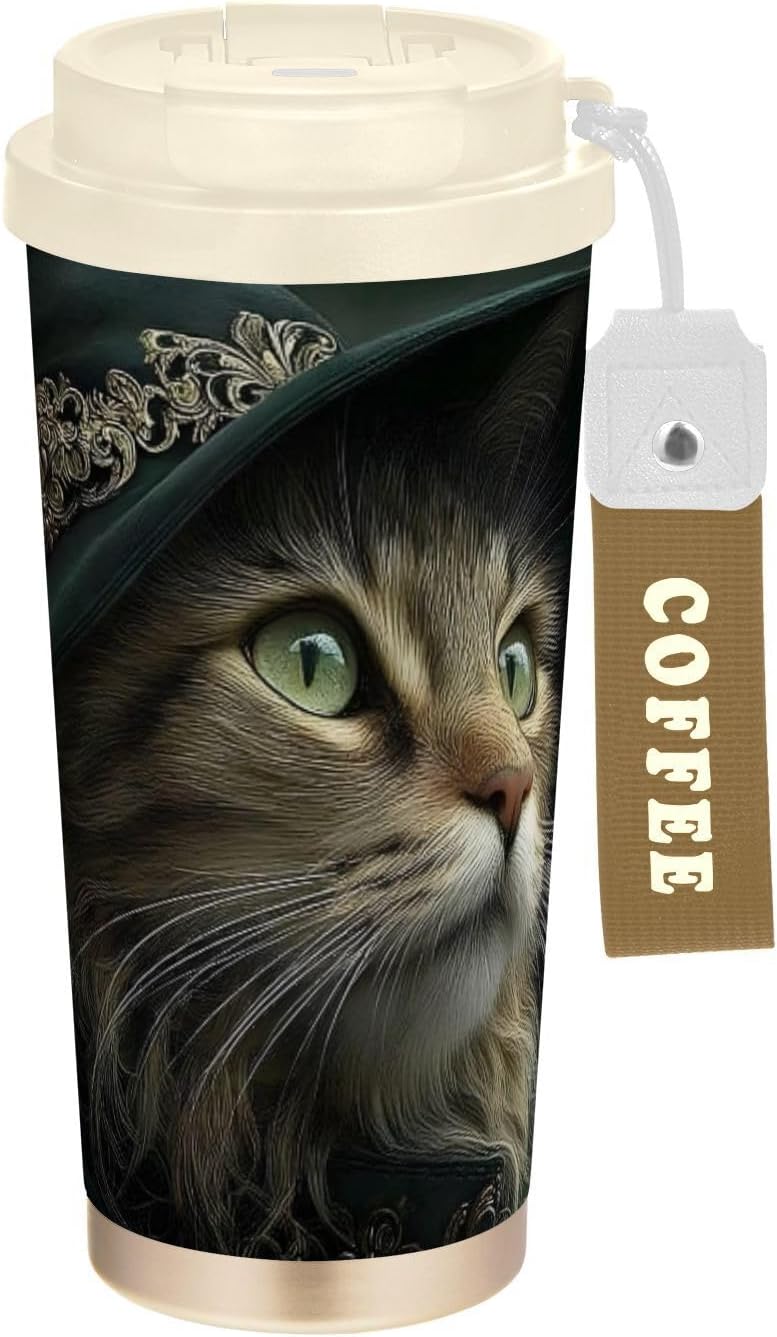 Insulated Coffee Mug Cat Witch Closeup with Straw & Flip Lid, 16.9oz Iced Tumbler Cup, Double Wall Vacuum Mug for Travel Office Camping
