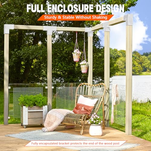 Image of Pergola DIY Bracket Kits,2-Way L Shaped White Corner Brackets for 6 inch x 6 inch(Actual:5.5 inch x 5.5 inch) Lumber for Outdoor Pergola,Proch,Log Cabin W /Hardware - 1Pack