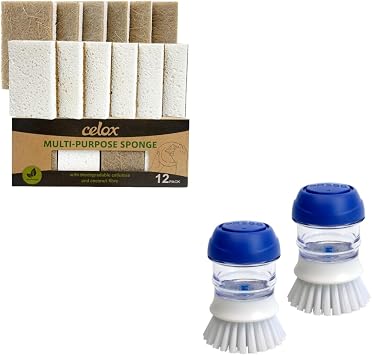 CELOX 12 Pack Coconut Fiber Biodegradable Sponges and 2 Pack Dish Brush with Soap Dispenser for Kitchen Cleaning