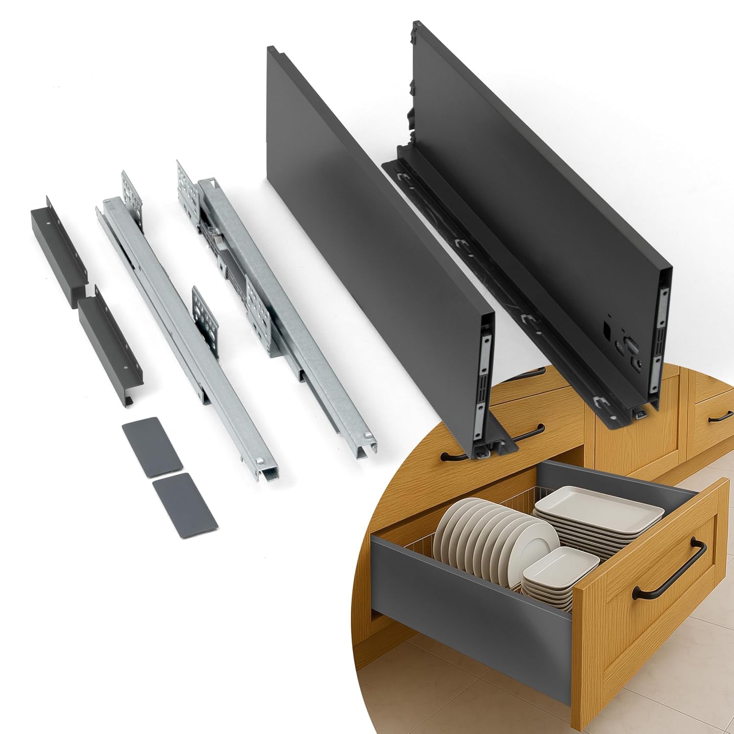 Soft Close Tandem Box Drawer for Modular Kitchen | Heavy Duty Tandem Basket with Full Extension Slides | Premium Kitchen Storage Drawer System | Smooth Silent Closing (20 x 8 Inch)-image-4