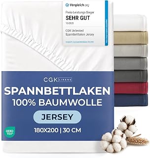 Spannbettlaken Jersey 180x200 cm - 100% Baumwolle weich & atmungsaktiv wärmend - Bettlaken Spannbetttuch mit Rundumgummi für Matratzen bis 30 cm & Boxspringbetten DE - Oeko-Tex Zertifiziert - Weiß
