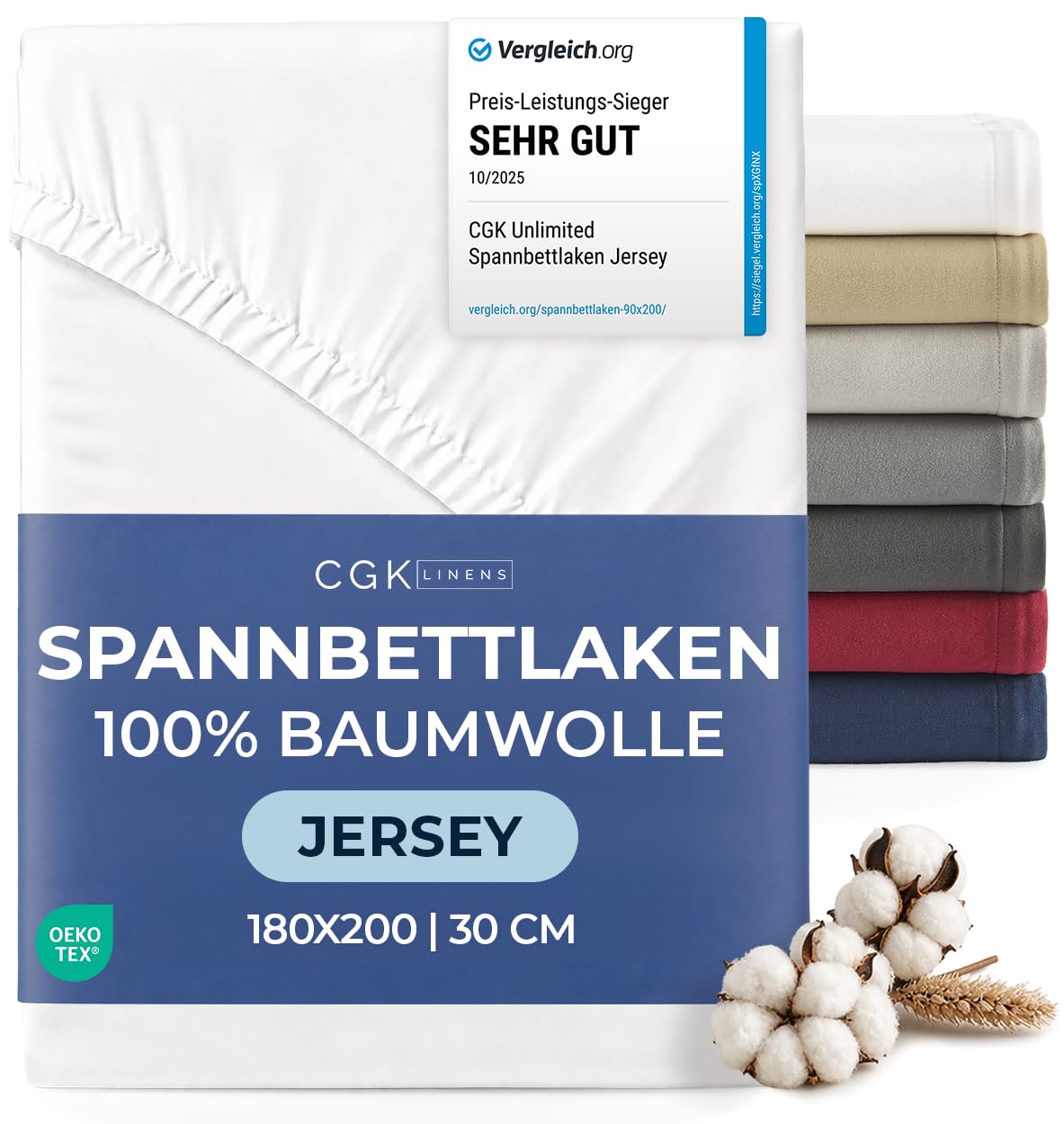 Spannbettlaken Jersey 180x200 cm - 100% Baumwolle weich & atmungsaktiv wärmend - Bettlaken Spannbetttuch mit Rundumgummi für Matratzen bis 30 cm & Boxspringbetten DE - Oeko-Tex Zertifiziert - Weiß
