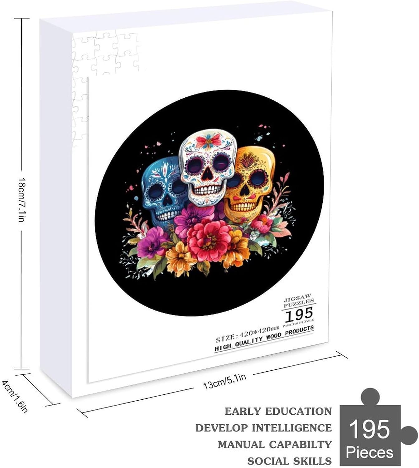 Day of The Dead Skull Flower Wooden Puzzles Irregular Animal Shaped Jigsaw Puzzle Fun Family Game 195 PCS