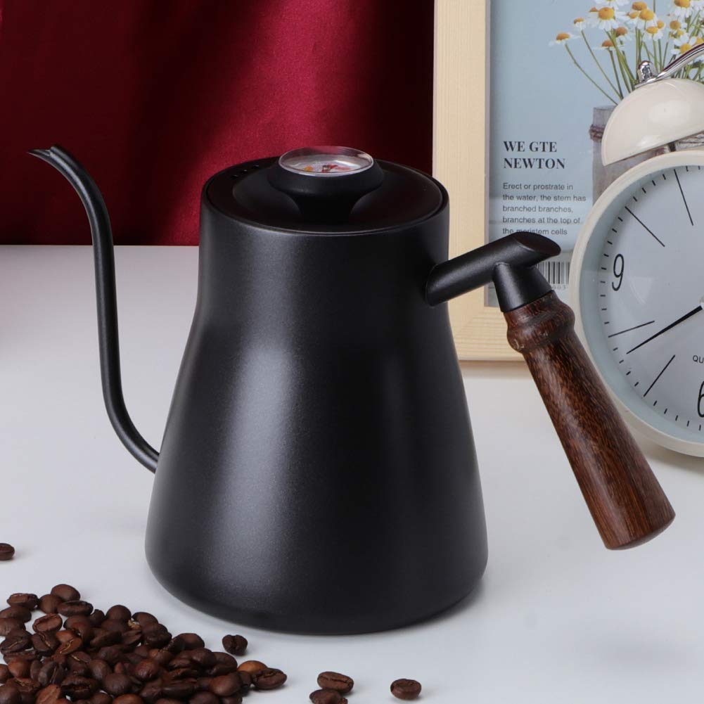 Schwanenhals Wasserkocher, 850ml Gooseneck Kettle mit Thermometer, Kaffeekessel mit Holzgriff, Gooseneck Kettle, Wasserkocher Schwanenhals für alle Herdtypen, Langlebig und Einfach zu Reinigen