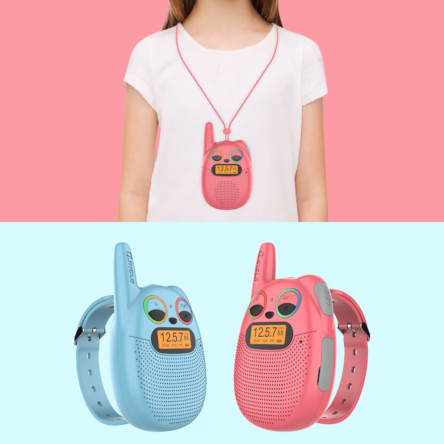 QNIGLO Q136 Talkie Walkie Enfants Rechargeable 4Pc, avec Radio FM, 2-5Km Portée Clignotant LED Yeux,Talkie-Walkie Montre Portable,Camping et Course,Jouet Cadeau pour Enfants(4Couleur)