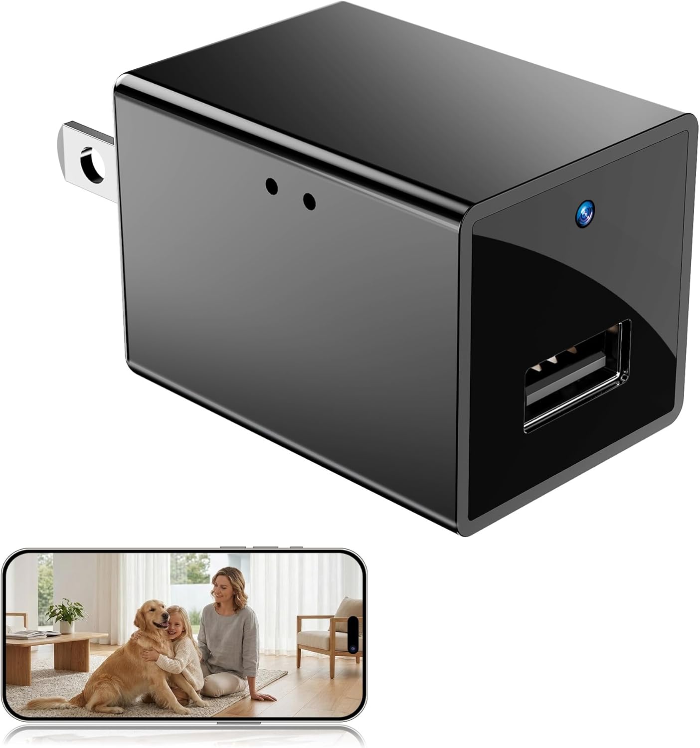 1080p HD Wireless WiFi Camera Charger for Home with App Control & Motion Detection, Security Camera with Phone Charger, Night Vision, Loop Recording, Plug in Indoor Cam Easy to Use