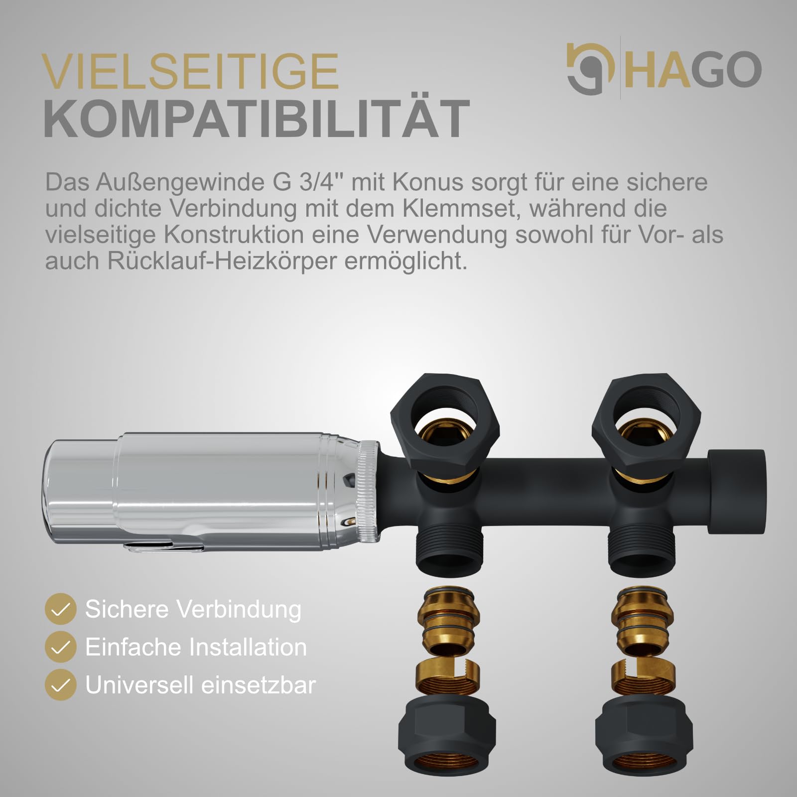 HAGO 24 | Termostato per termosifone | antracite | distanza tubo 50 mm | due tubi | attacco centrale | attacco a parete | posizione antigelo | multiblocco | raccordo di collegamento