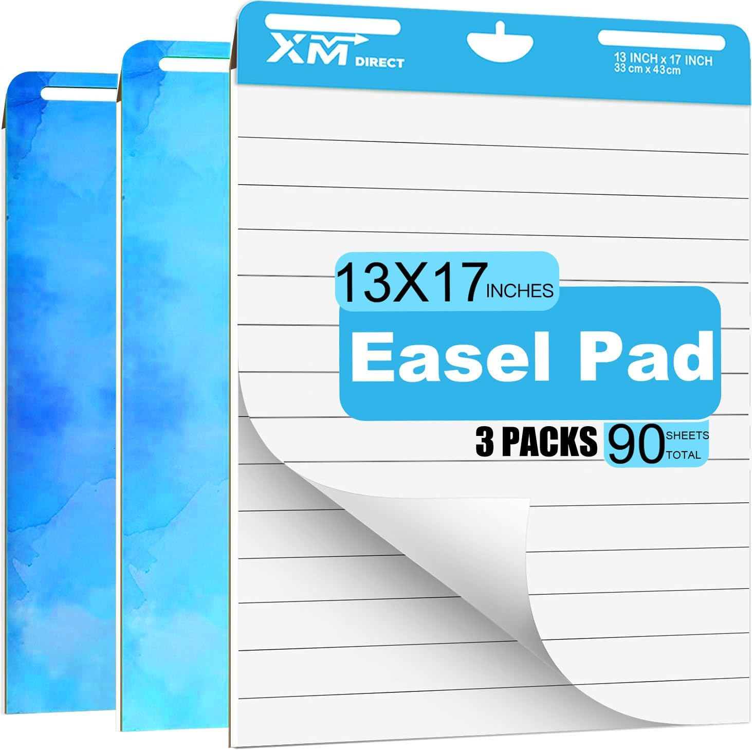Mini Sticky Easel Pad, 13x17 Inch, 30 Sheets per Pad, 90 Sheets Total, Self-Stick Ruled Flip Chart Paper, Blue, 3 Pack (Line)