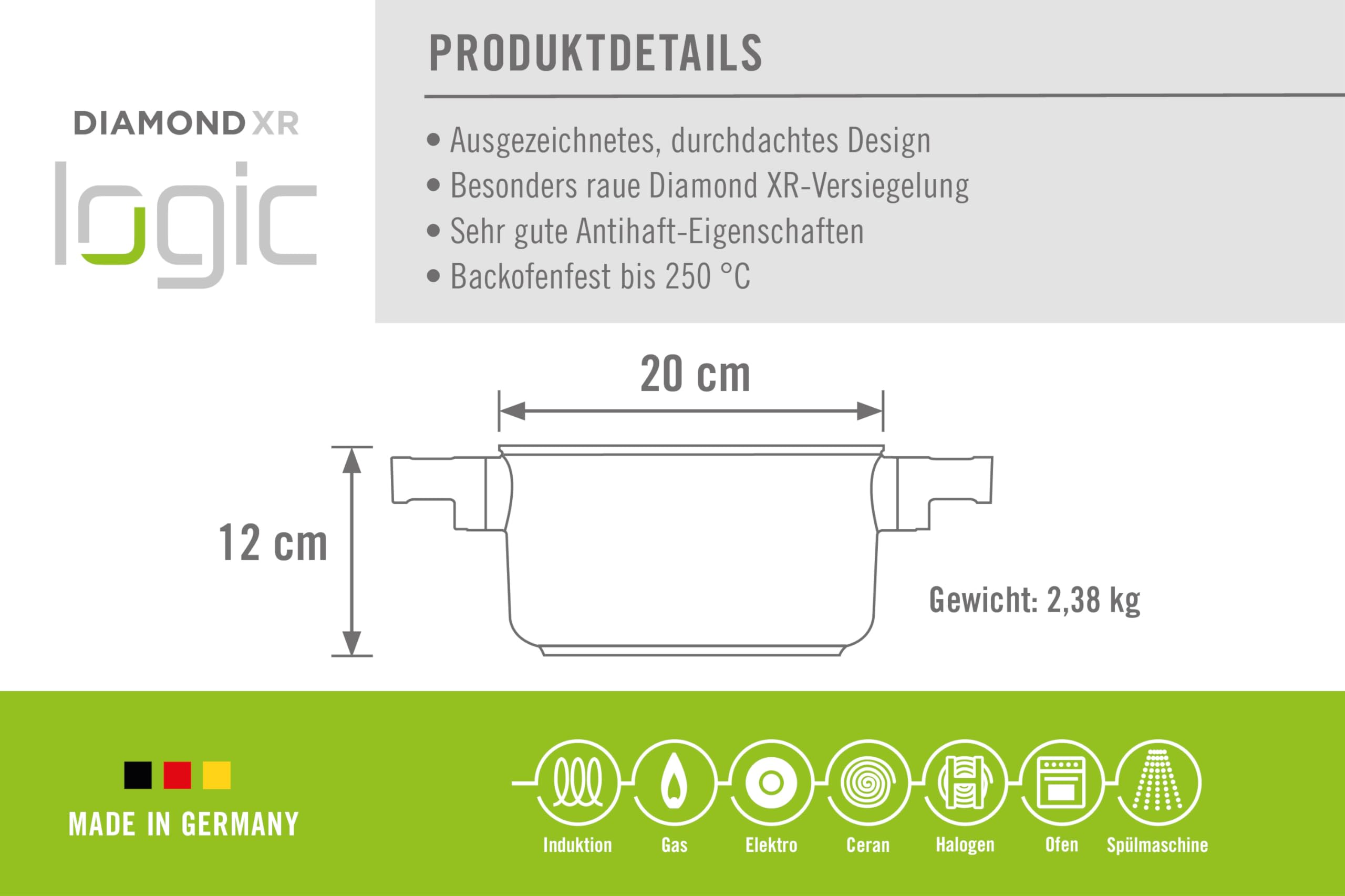 Woll Diamond Logic XR Pro - Olla con tapa de acero inoxidable en caja – Inductiva – Diámetro de 20 cm, 12 cm de alto, 3 litros, con 2 asas laterales de acero inoxidable – Adecuado para todo tipo de