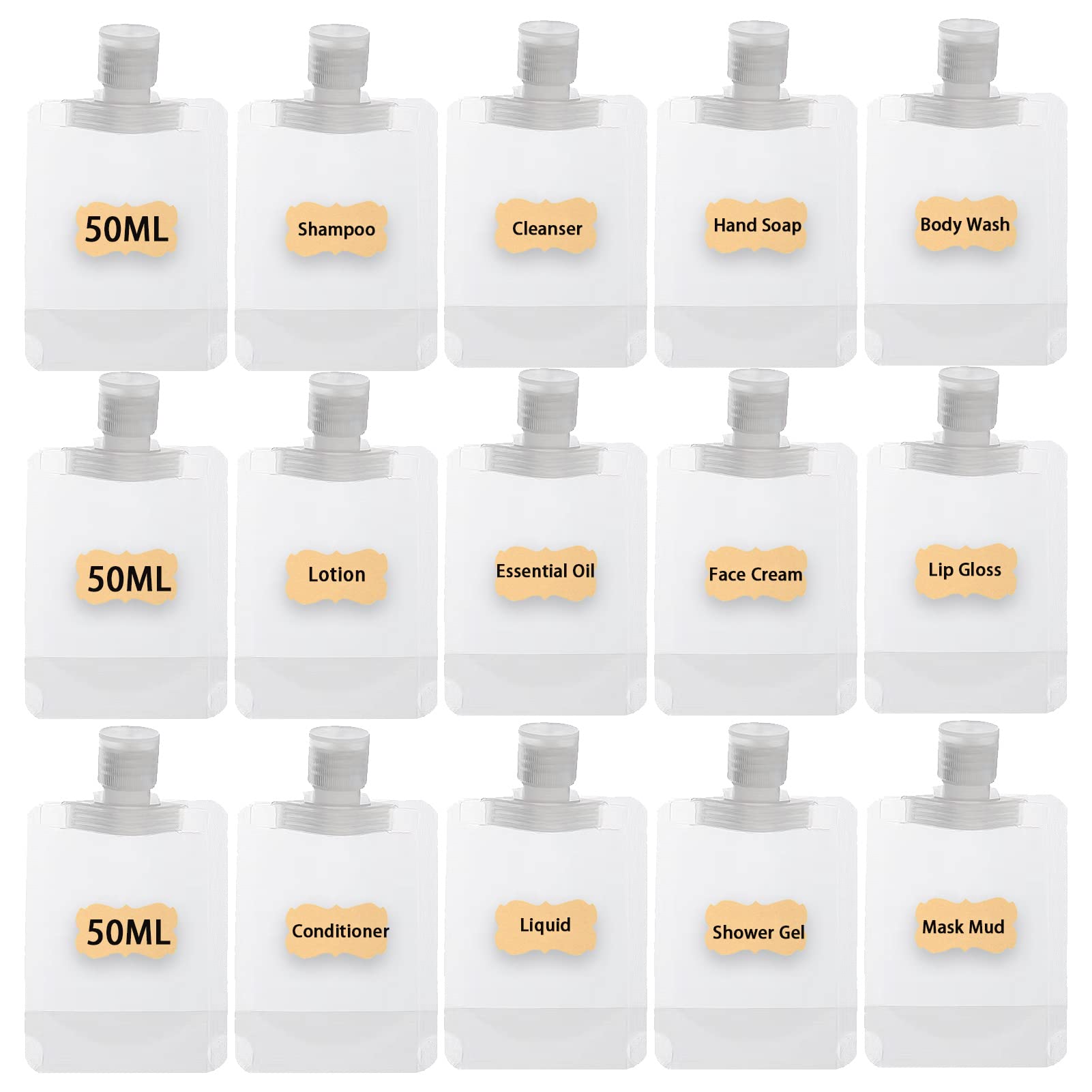 SMMUSEN Travel Size Refillable Empty Squeeze Pouch, Portable TSA Approved Empty Cosmetic Pouch Bag, Leakproof Stand Up Spout Bags Containers Foldable for Toiletries Lotion Shampoo, Clear, 50, Travel