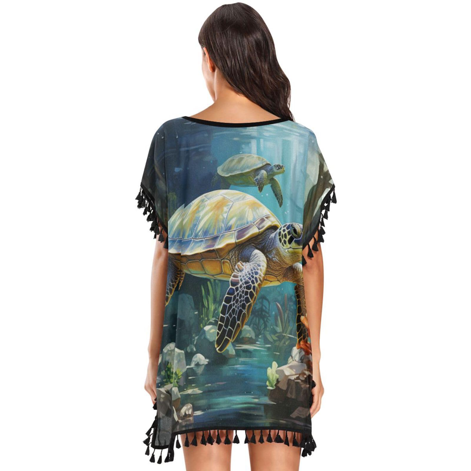 Swimming Sea Turtles Women's Beach Cover Up Chiffon Tassel Swimwear Swimsuit Coverups for Girl