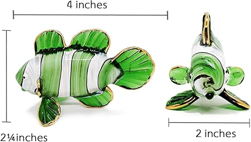 Miniatura 2 de WitnyStore Pequeña figura de pez payaso verde y blanco de 4 pulgadas, miniatura soplado a mano, animales de cristal soplado a mano, colorido pez