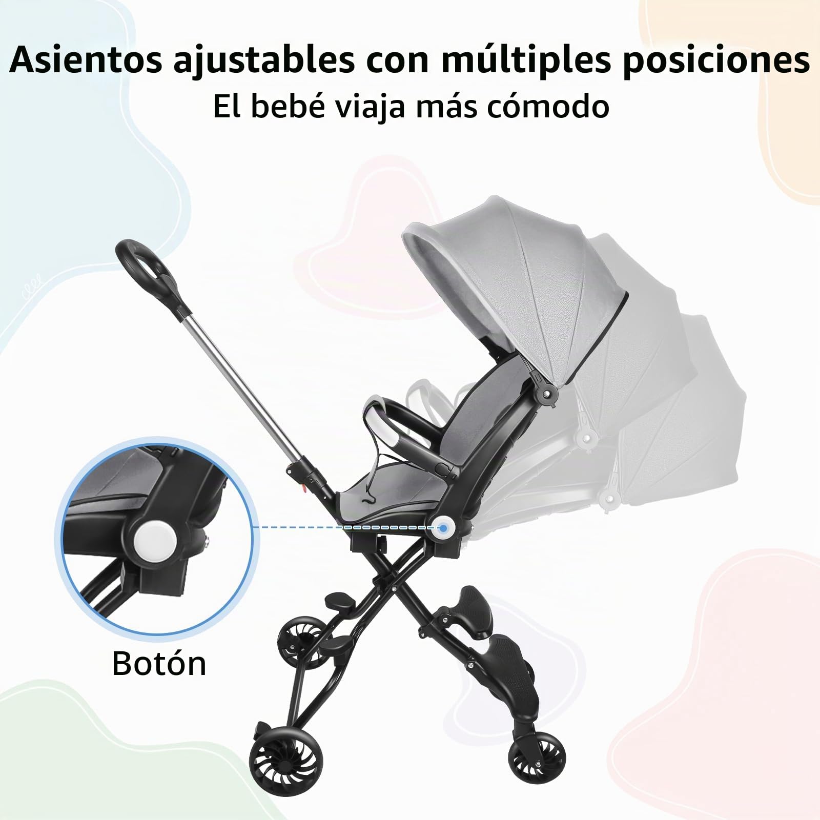 OHMG - Cochecito compacto con posición alargada, desde el nacimiento hasta los 4 años (hasta 25 kg), mango ajustable, 4 ruedas, con sombra solar, cochecito de bebé compacto