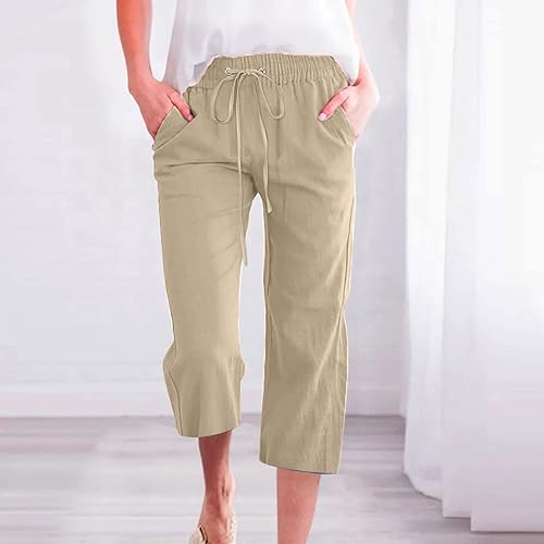 Miniatura 2 de SMIDOW Pantalones capri para mujer, estilo casual 2025, con cordón elástico, cintura alta, pantalones de lino rectos, pierna ancha, pantalones