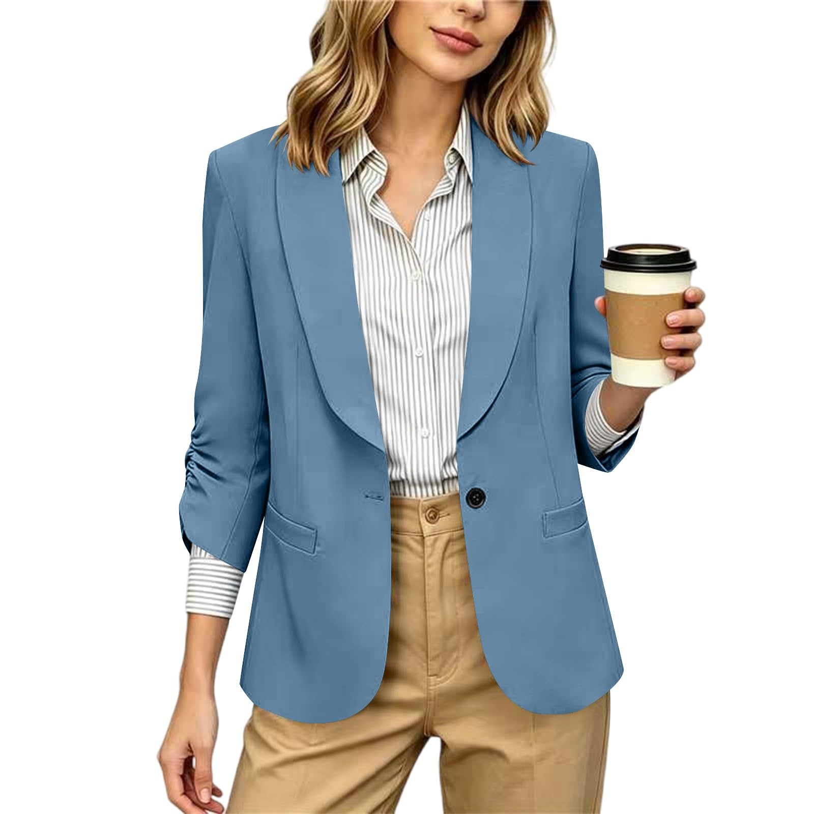 RLEHJN Damen Blazer,Lange Casual Open Front Gefütterte Blazer Arbeit Büro Jacken mit Taschen Sportlich Elegant Blazerjacke Casual Blazer Jacket Übergangsjacke Business Casual Outfits Für Die Arbeit