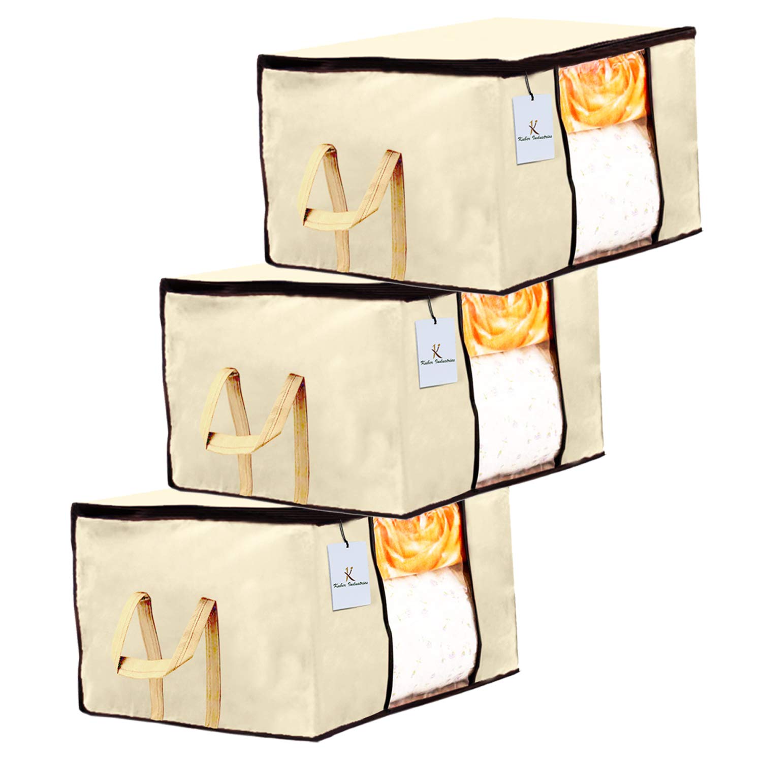 Kuber Industries Underbed Storage Bag|Blanket Cover|Wardrobe Organizer For clothes|Comforter Cover|Set of 3 (Ivory)