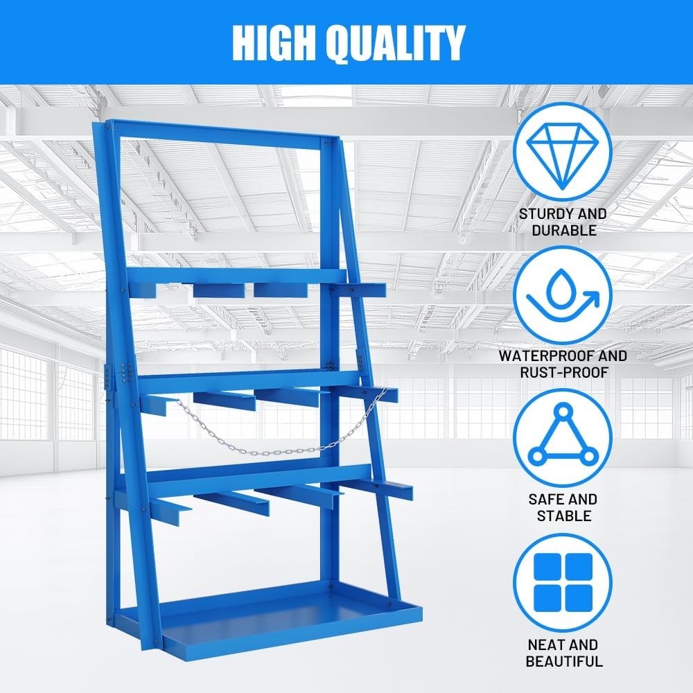 Yeeoy Vertical Bar Rack, 3000 LB Capacity, Heavy Duty Long Parts Storage Rack, Lumber Storage Rack with Safety Chain, Pipe Organizer Shelf for Garage Workshop Factory, Blue