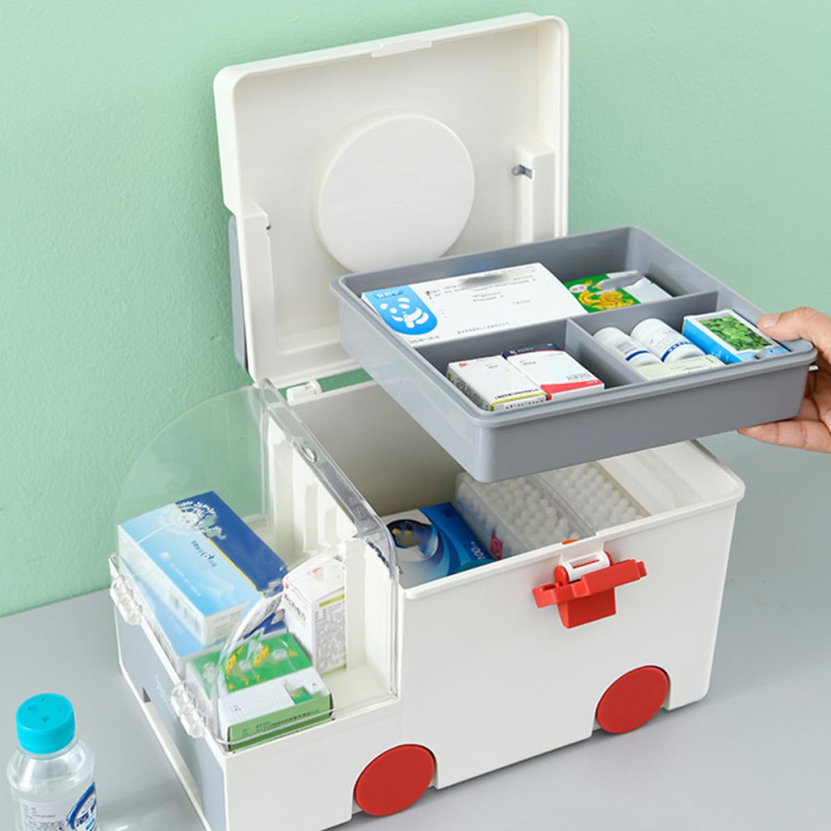 Botiquín de Primeros Auxilios Hogar Grande Caja de Almacenamiento Plástico Gris Asa Portátil Maletín Sanitario de Alta Capacidad para Oficina Escuela y Viajes