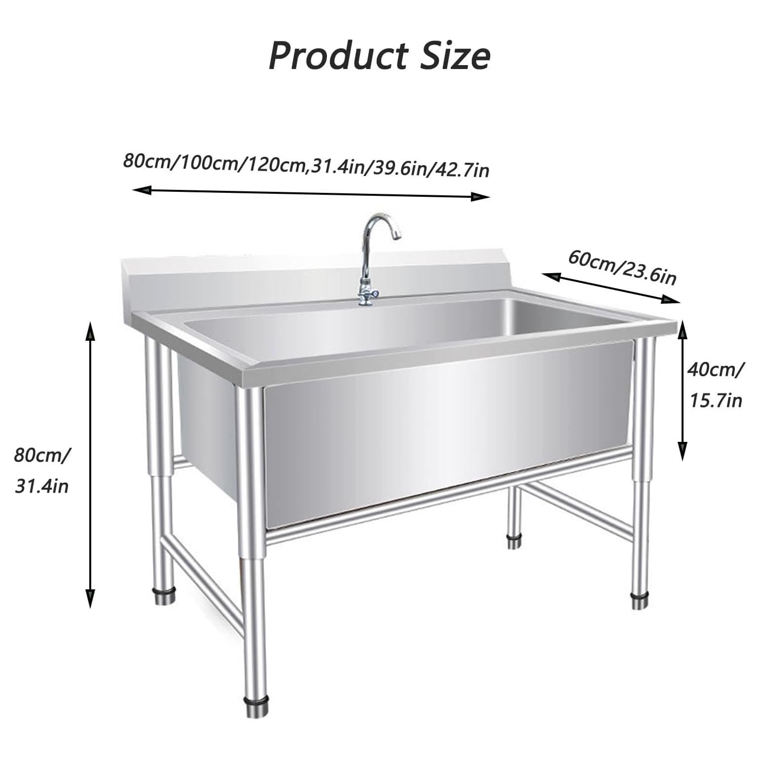 Servicio de Acero Inoxidable Juego de Fregadero de Cocina Comercial de un Solo tazón Independiente con Grifo for Restaurante, Taller de Garaje Lavandería Industrial (60x80x80cm/23.6x31.4x31.4in)