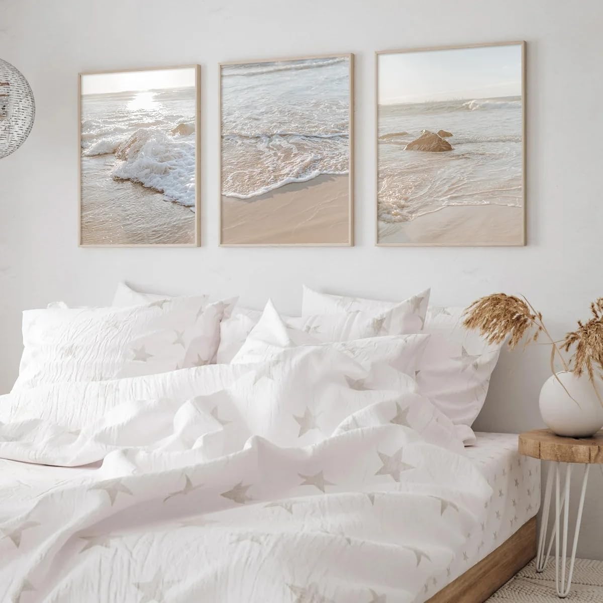 Splendide stampe su tela in stile bohémien sui toni neutri del beige raffiguranti un paesaggio marino con spiaggia, poster dell'oceano e decorazioni moderne per la casa (70x100 cm x 3/senza cornice)
