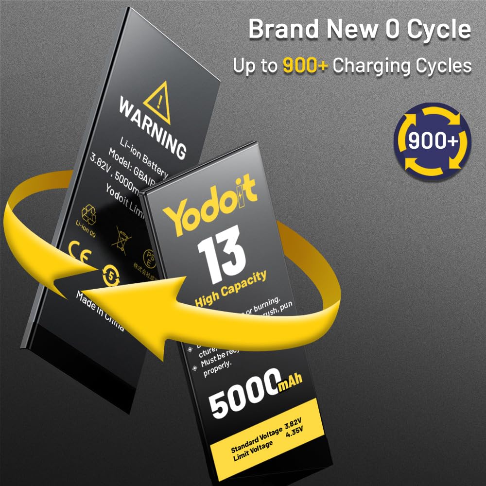 Yodoit Batteria da 5000 mAh per iPhone 13, batteria ad alta capacità 0 cicli per modelli A2482, A2631, A2634, A2635, A2633 con kit di riparazione