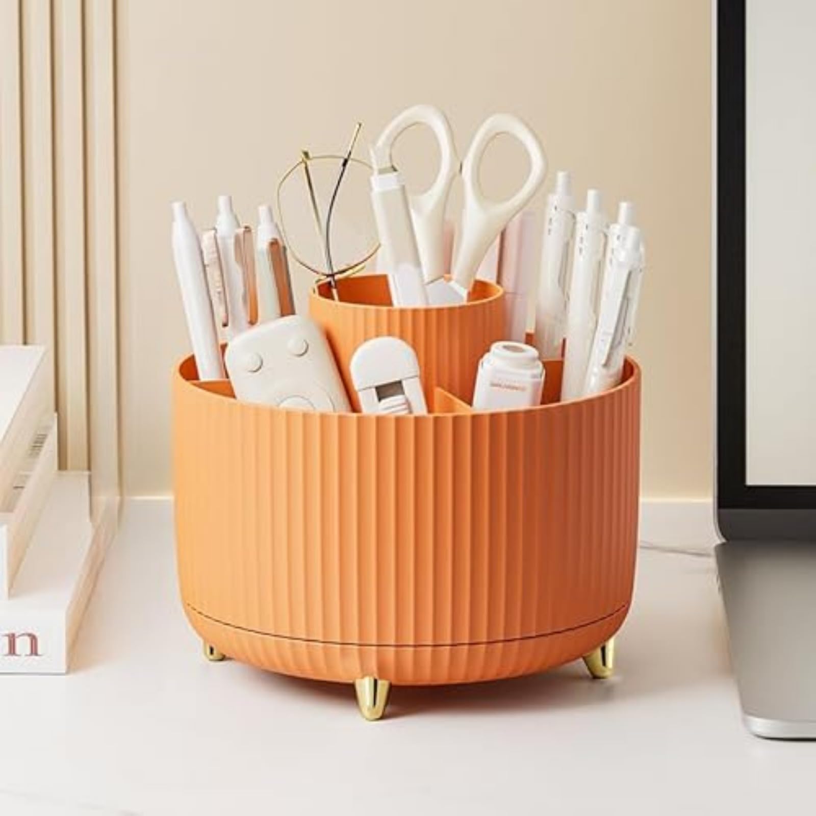 Guakk Orange 360° Rotating Desk Organiser - 5-Slot Pen Holder & Cosmetic Brush Storage, Plastic Desktop Tidy Accessories For Office/School/Home (Orange)