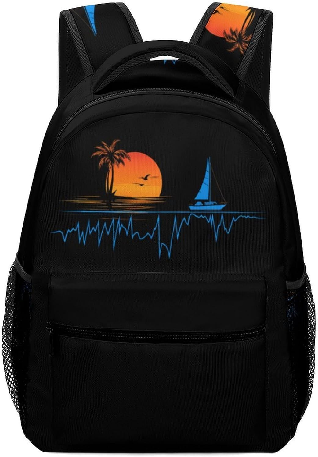 Heartbeat with Sailboat Tropical Palm Trees Laptop Backpack Lightweight Travel Daypack Shoulder Bag for Men Women