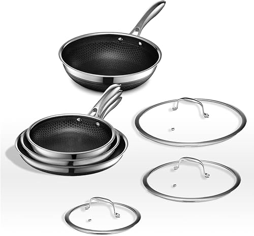 HexClad Juego de utensilios de cocina híbridos de acero inoxidable de 7 piezas, juego de 6 sartenes con tapas y wok de 10 pulgadas, mango que se