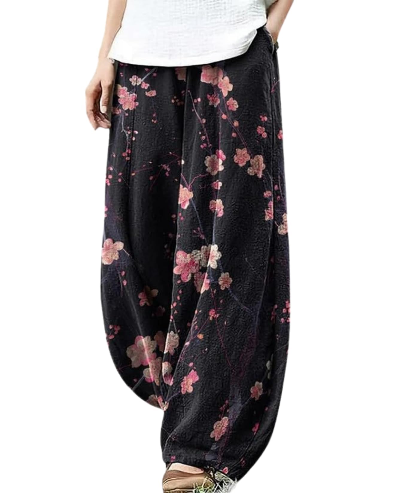 Cargo Japanese Pants for Women Cotton Linen Wide Leg Pants Casual Summer Boho Baggy Lantern Trouser with Pockets
