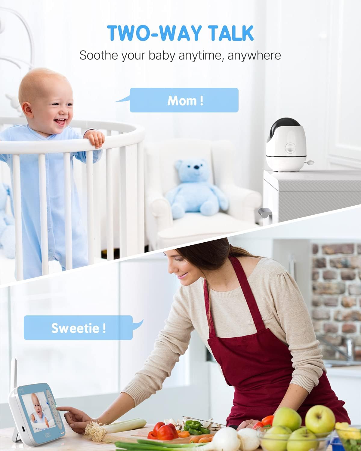 Image illustrating the two-way talk feature of the iDOO baby monitor, showing a parent speaking into the monitor and a baby in the crib responding.
