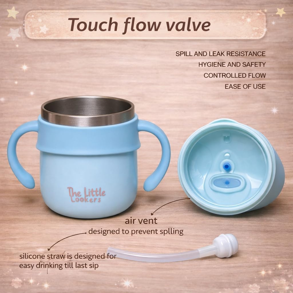 THE LITTLE LOOKERS Stainless Steel Sipper Bottle for Baby 260ml | 316 Grade SS | BPA Free | Suitable for Hot & Cold |Travelling Bottle for Kids & Toddler|Training Sippy Cup with Straw/Spout Sky Blue 3