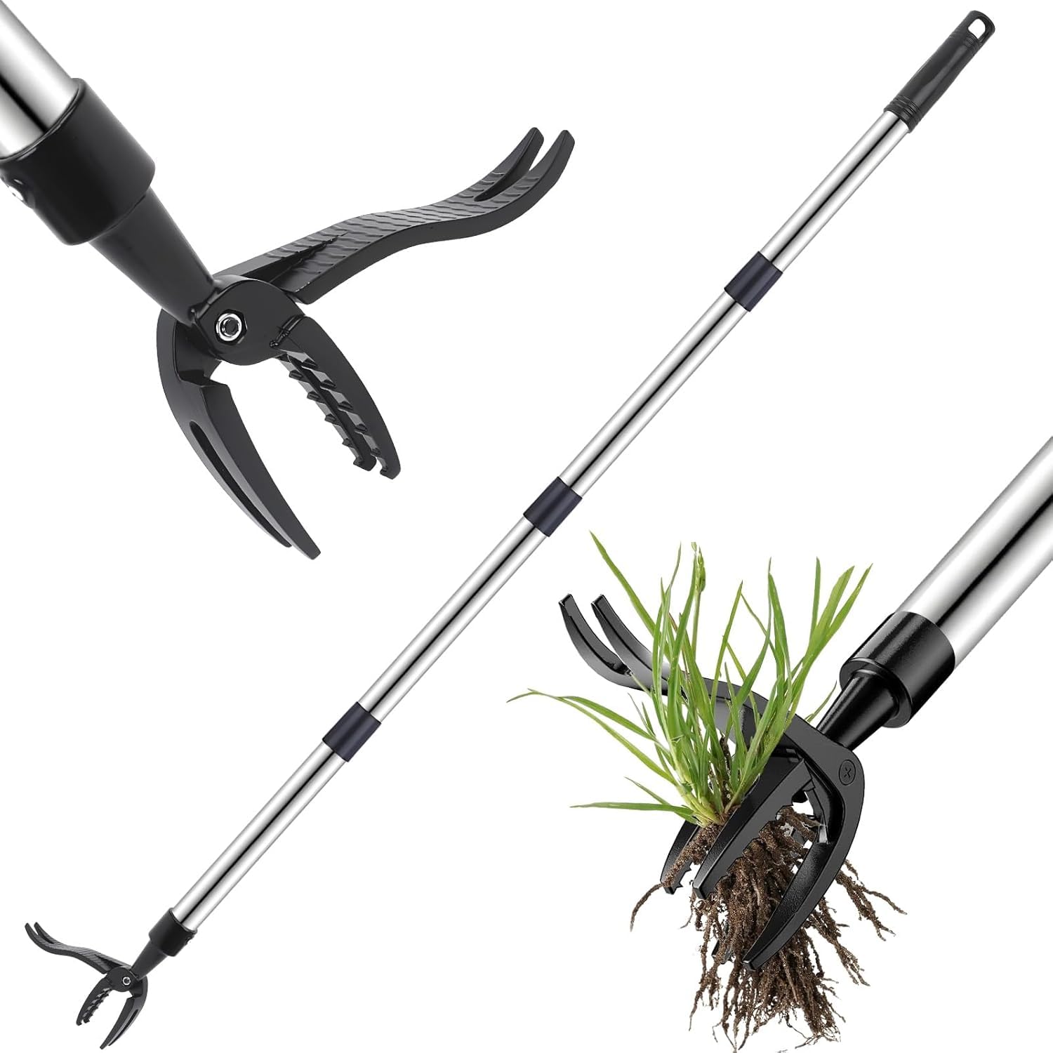 Wonlonda Standing Garden Weed Puller, 147cm Long Handle, 4-Claw Root Remover Tool Standing Weeder with Gardening Gloves