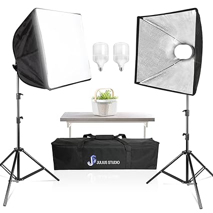 Julius Studio [2 Set] 24 x 24 inch Softbox LED Lighting Reflector Kit with 300W Equivalent LED Bulb 6000K High Brightness, Tripod Stands, Carry Bag, for Photography Video Studio, JSAG802