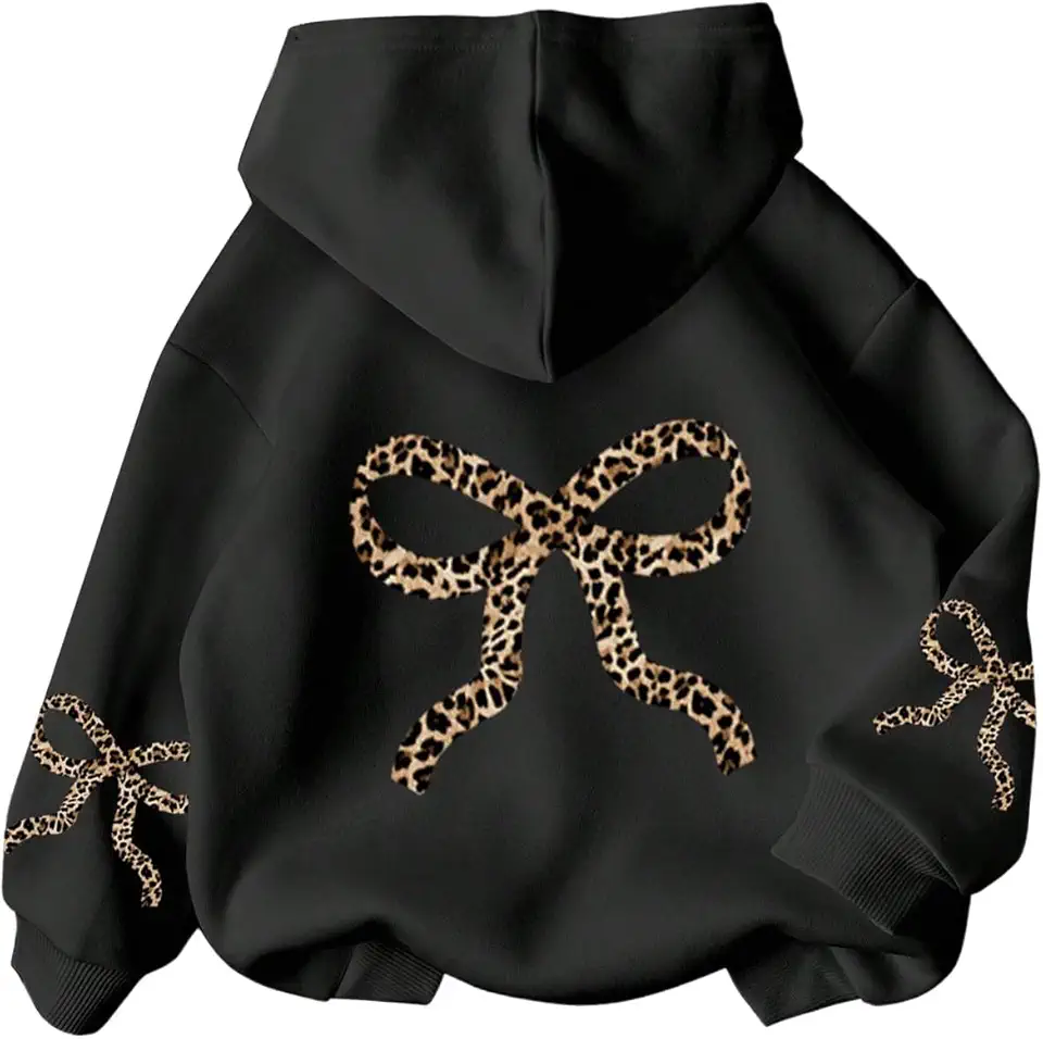 RoseSeek Girl's Bow Cheetah Leopard Hoodies Long Sleeve Pullover Tops Preppy Cute Sweatshirts Hoodies