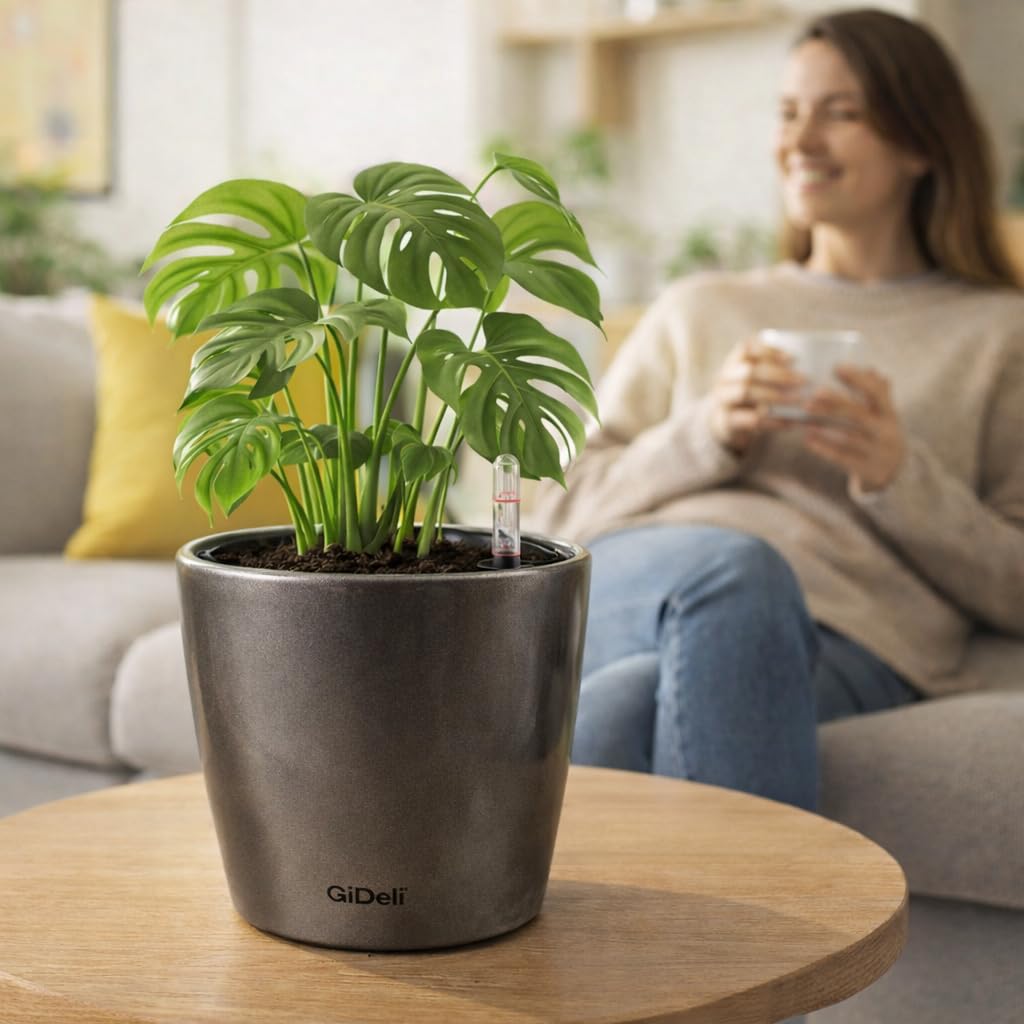 GiDeli Jardinière auto-arrosante - Pot d'arrosage automatique avec indicateur de niveau d'eau - Pots de fleurs protégeant contre le débordement et la pourriture - Pot de plantation économe en temps
