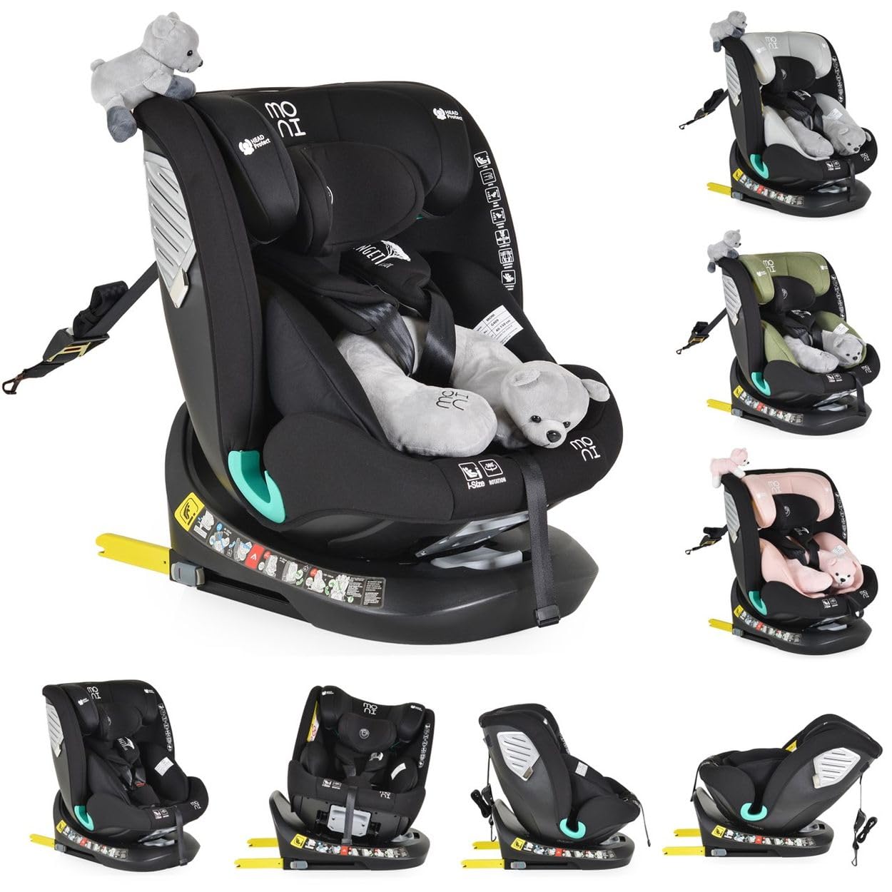 Moni seggiolino i-Size (40-150 cm) Isofix peluche cuscino per il collo, colore:nero