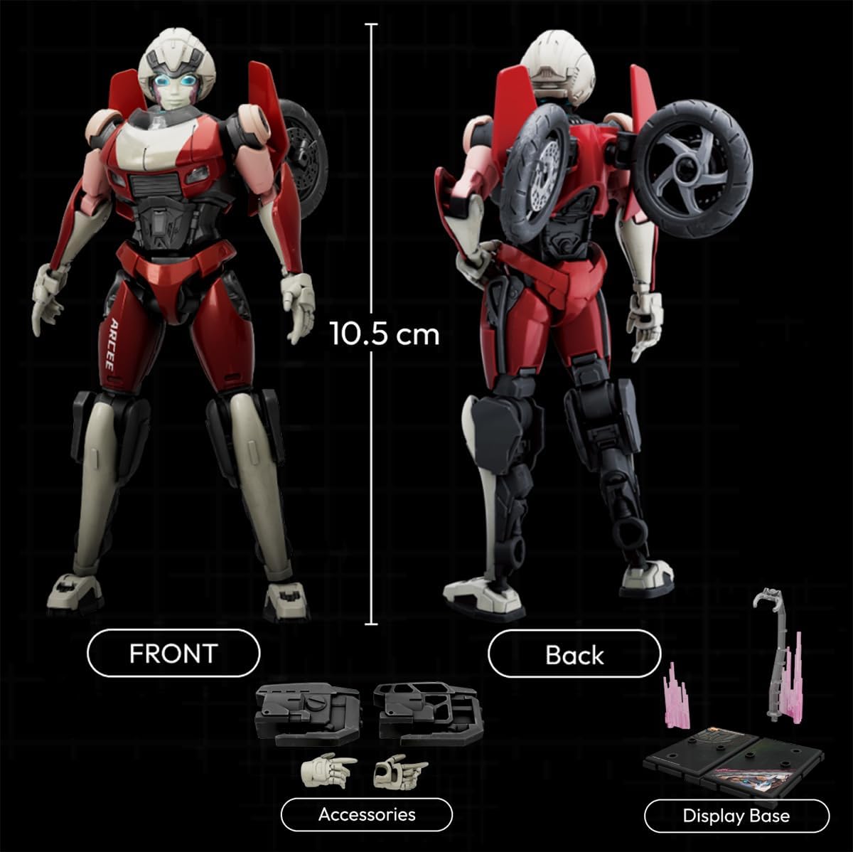 Front and back view of Arcee figure with accessories and display base