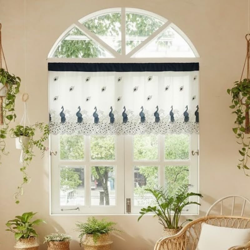 Image of Short Window Curtain for Kitchen, Living Room, Cafe, Restaurant & Home Decor | Elegant Half Window Valance | Length - 24 Inch, Width - 80 Inch (Grey Peacock, Large)
