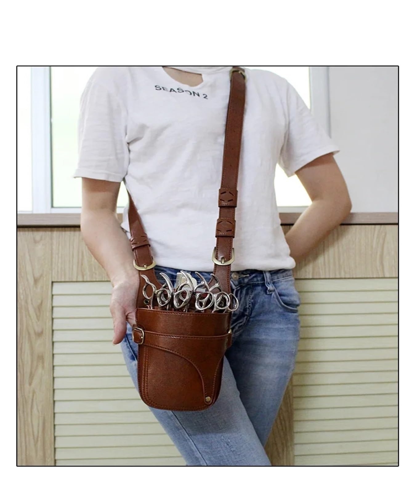 Friseurgürtel Haarscherentasche aus echtem Leder mit Clips, Friseurscheren-Holster, Beutelhalter, Etui mit Taillen-Schultergurt(Brown)