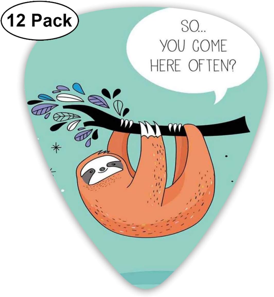 Guitar Picks12pcs Plectrum (0.46mm-0.96mm), Cartoon Design Print Sloth With A Flirty Quote So You Come Here Often Color Image,For Your Guitar or Ukulele