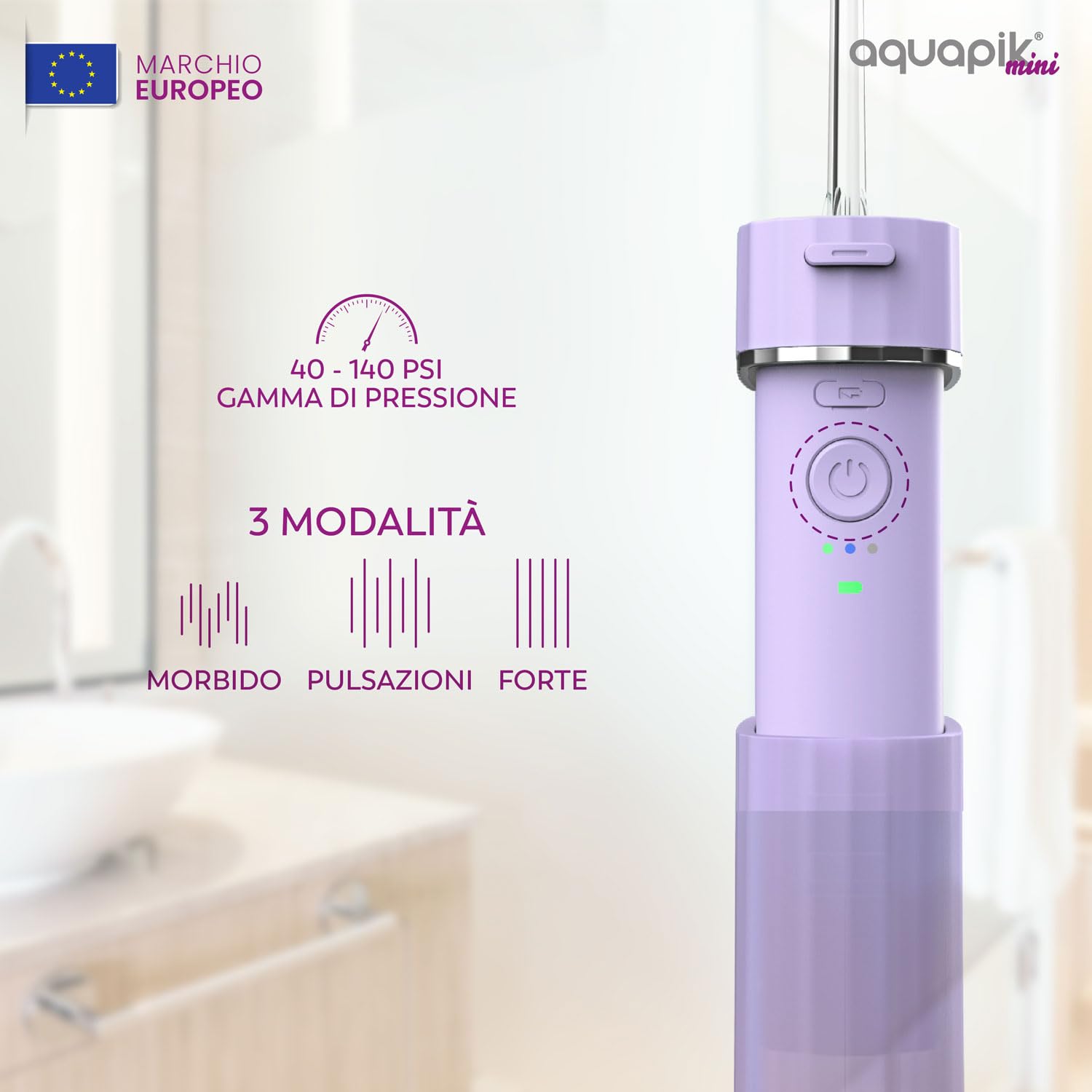 Idropulsore dentale portatile AQmini - 3 modalità, 4 ugelli, serbatoio 200 ml, USB-C, IPX7, compatto per viaggio, ufficio, gengive sensibili