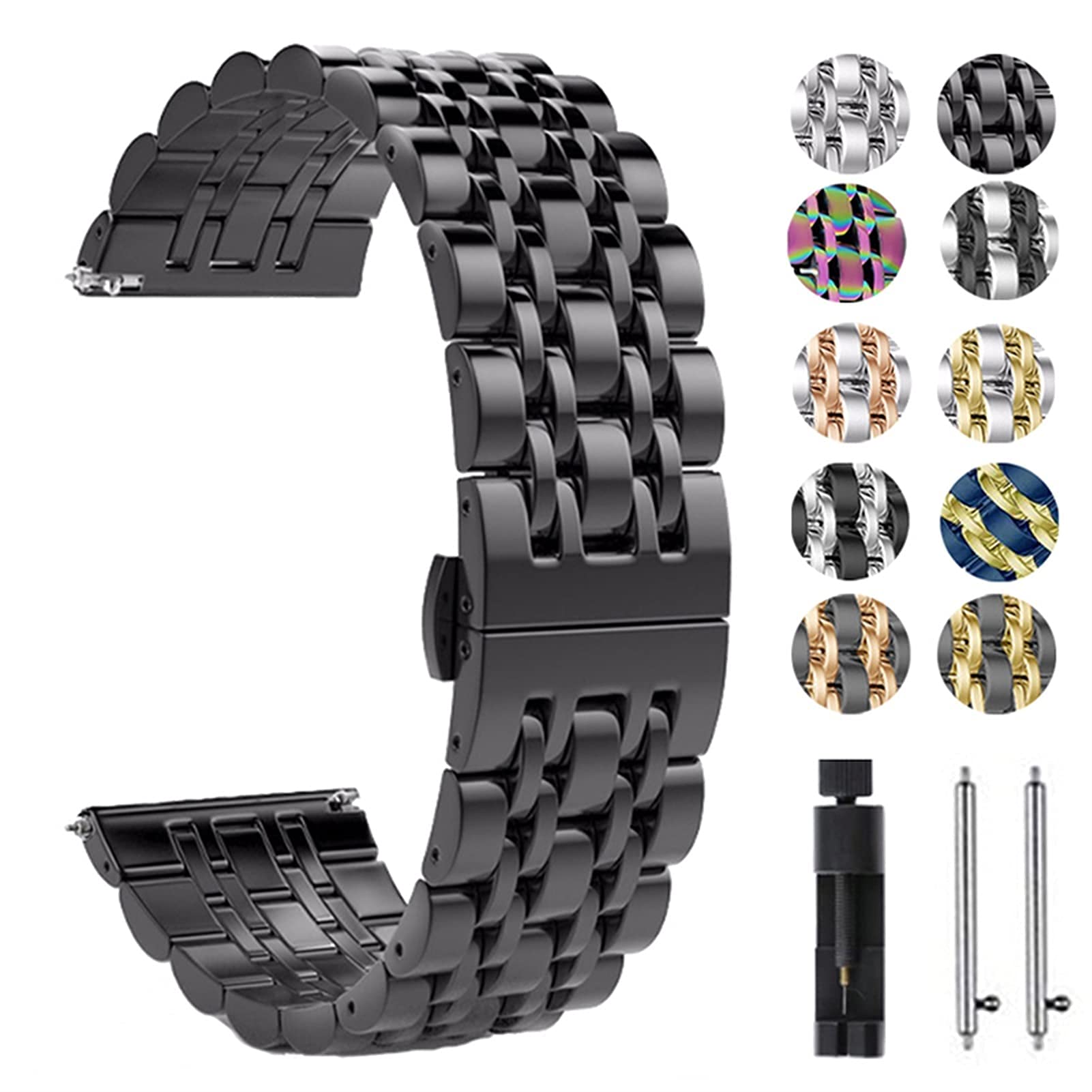 YCTTKDD Cinturino in acciaio inossidabile, cinturino in acciaio inossidabile a sgancio rapido per braccialetto da polso staccabile in metallo solido con fibbia a farfalla da 20 mm 22 mm (Colore : Nero