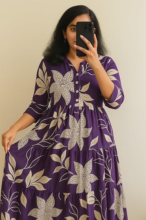 ROYALICA Women’s Pure Cotton Maxi Midi Dress Western Dress for Women Elegant Floral Printed Long Dresses | Soft & Breathable Fabric | Casual – purpal