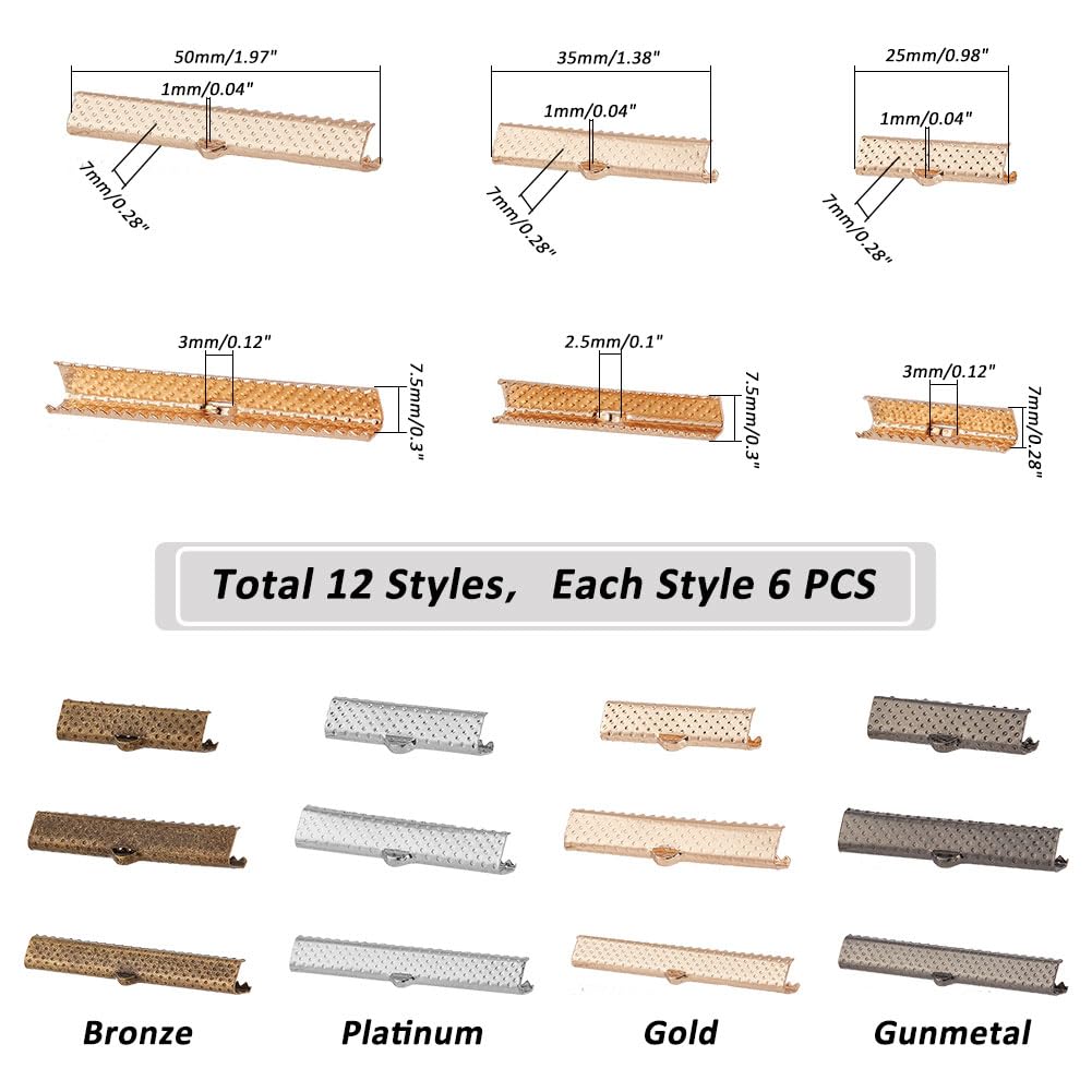 PH PandaHall 72pcs Ribbon Crimp Ends 25mm 35mm 50mm Leather Crimp End Clasp 4 Colors Crimp End Fasteners Clasp Belt Buckle End Tip with Loops for DIY Jewelry Necklace Bracelet Suede Leather Craft