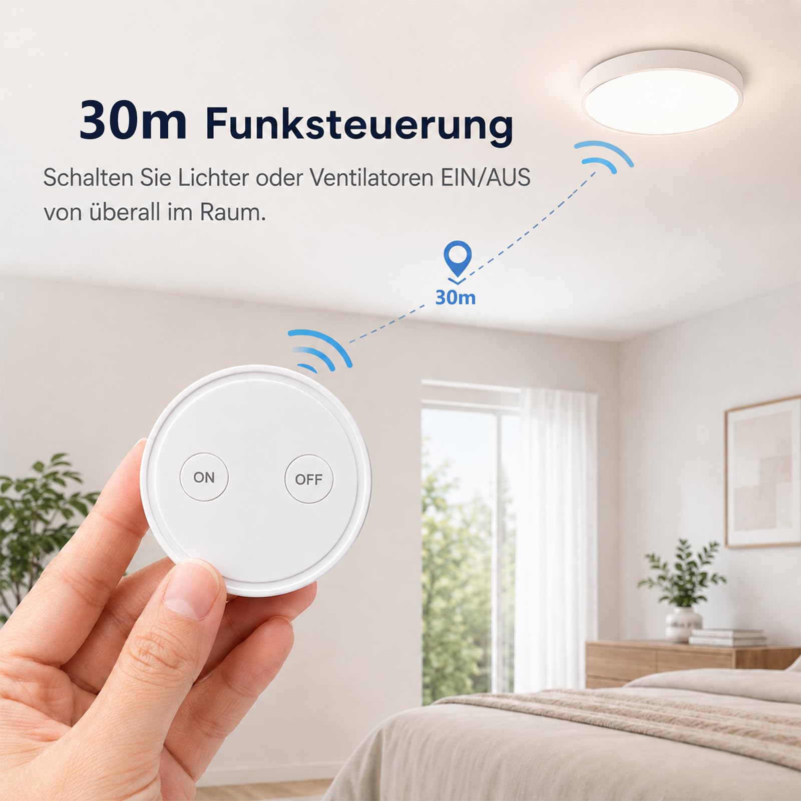 LoraTap Funk Lichtschalter Set mit 1 Fernbedienung und 1 Empfänger, 230V Funk Einbauschalter für Licht & Geräte bis 2300W, Drahtlose Steuerung ohne Zusatzverkabelung, 200 m Reichweite, ohne WLAN