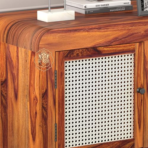 Image of Siddhivinayak Sheesham Wood TV Unit for Living Room | Solid Wooden TV Stand Cabinet with Storage Drawer, Cane Doors & Shelf | Entertainment Media Console Table | Honey Finish | 56.7 Inch