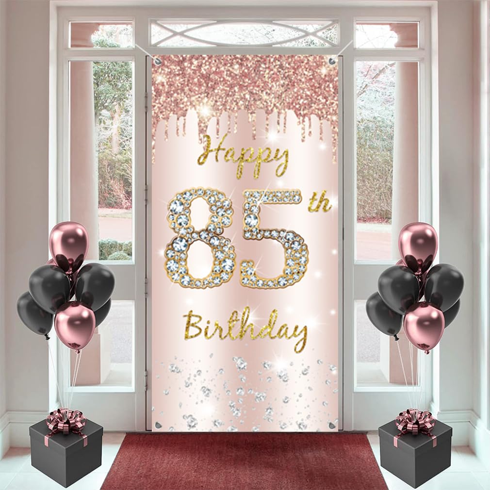 85. urodziny dekoracja damska, Happy 85th Birthday Door Banner różowe złoto, 85. urodziny tkanina tabliczka plakat dekoracja drzwi, 85. urodziny tło baner damski, przyjęcie urodzinowe tabliczka
